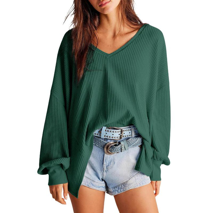 NORA™ - Women Waffle Knit V Neck Oversized Lantern Sleeve Top