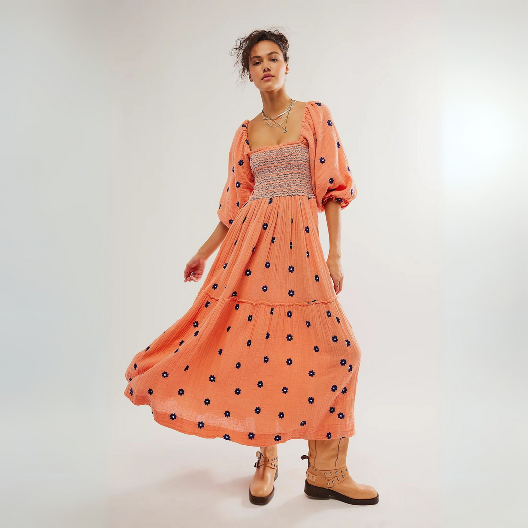 MOIRA™ - Comfy Floral Lantern Sleeve Square Neck Maxi Dress