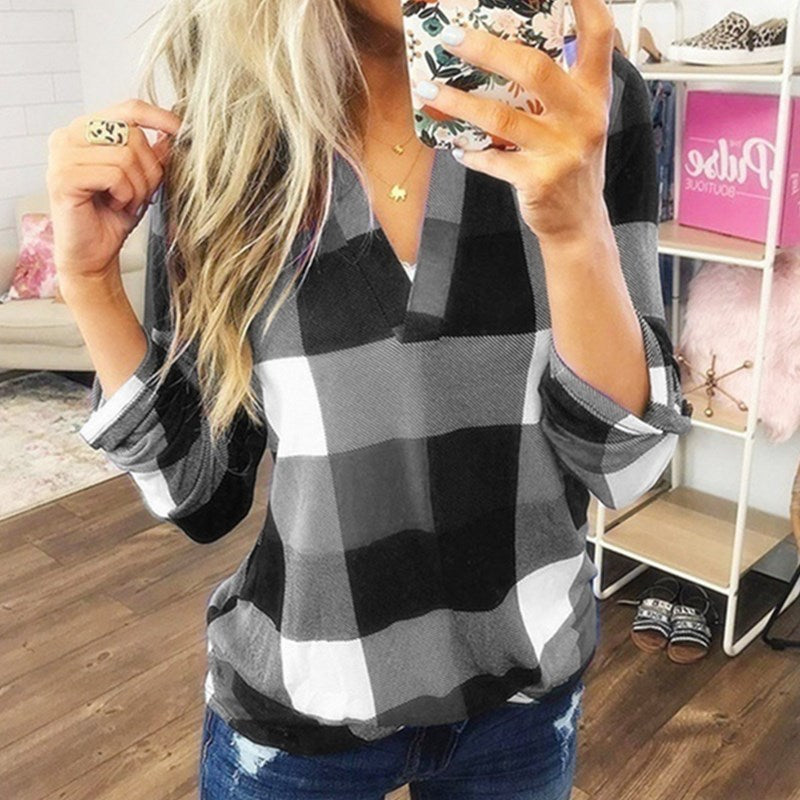 SAMIYA™ - Casual V-Neck Plaid Long Sleeve Blouse