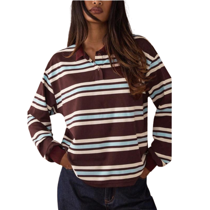 AMARA™ – Relaxed Fit Striped Long Sleeve Polo Sweater