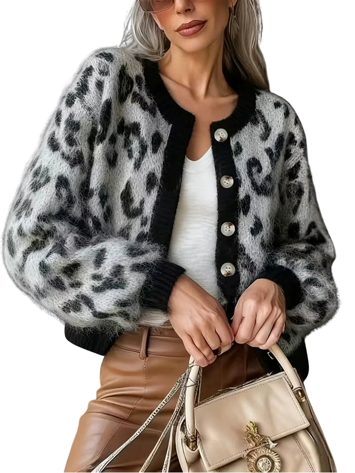 VALERIA™ – Stylish Leopard Print Button-Up Knit Cardigan