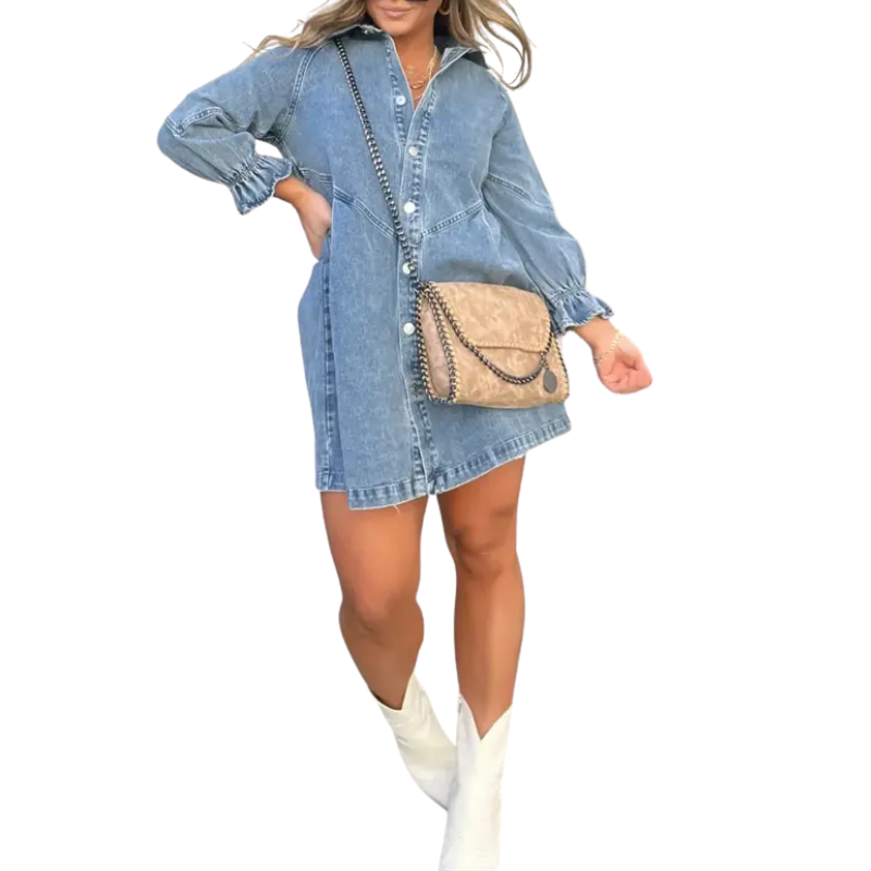 ALEXIS™ – Casual Puff Sleeve Mini Dress with Silver Buttons