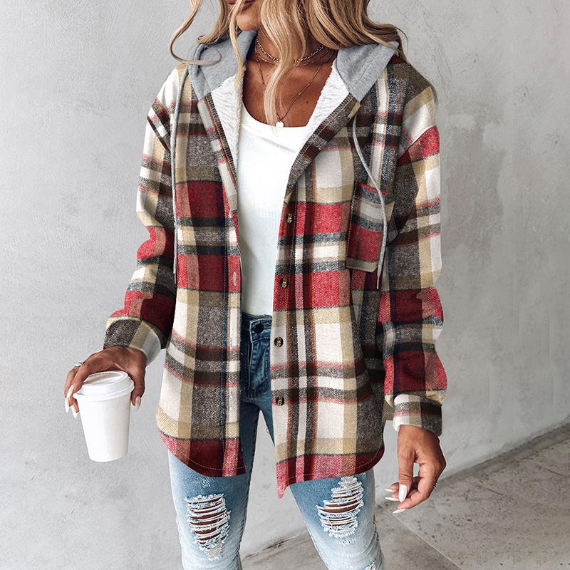 HONEY™ - Women’s Plaid Fleece Lined Hooded Shacket Jacket