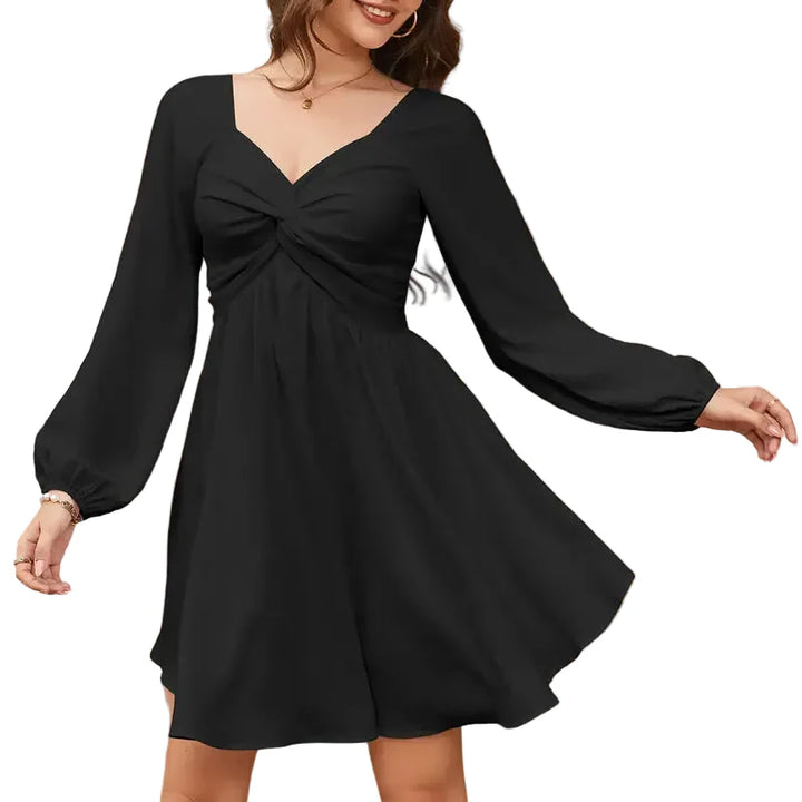 RACHELL™ – Chic Knot Front Lantern Sleeve A-Line Mini Dress