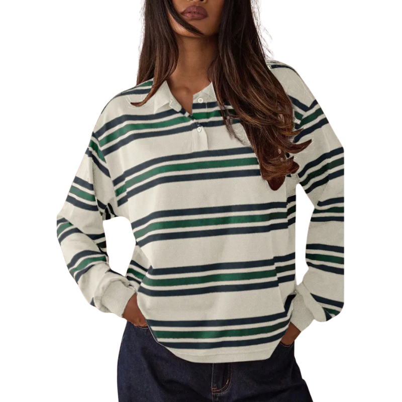 AMARA™ – Relaxed Fit Striped Long Sleeve Polo Sweater