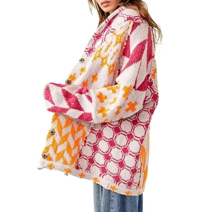 GEORGINA™ – Oversized Print Knit Coat with Button Down Collar