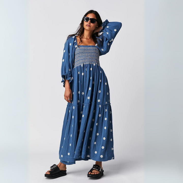 MOIRA™ - Comfy Floral Lantern Sleeve Square Neck Maxi Dress