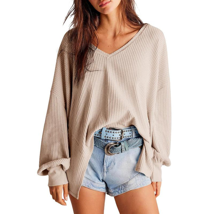 NORA™ - Women Waffle Knit V Neck Oversized Lantern Sleeve Top