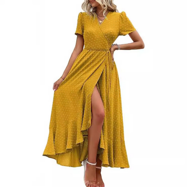 PILAR™ – Classy Flowy Wrap V-Neck Short Sleeve Maxi Dress