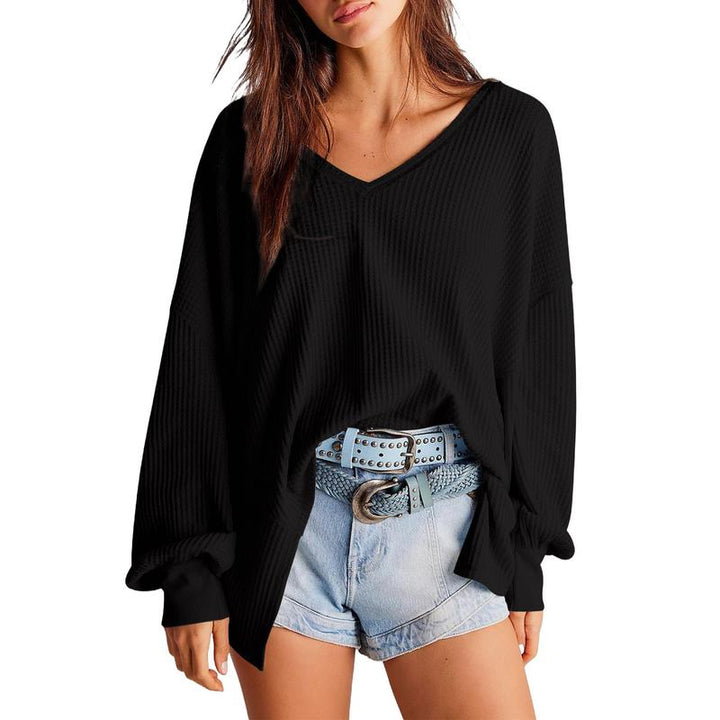 NORA™ - Women Waffle Knit V Neck Oversized Lantern Sleeve Top