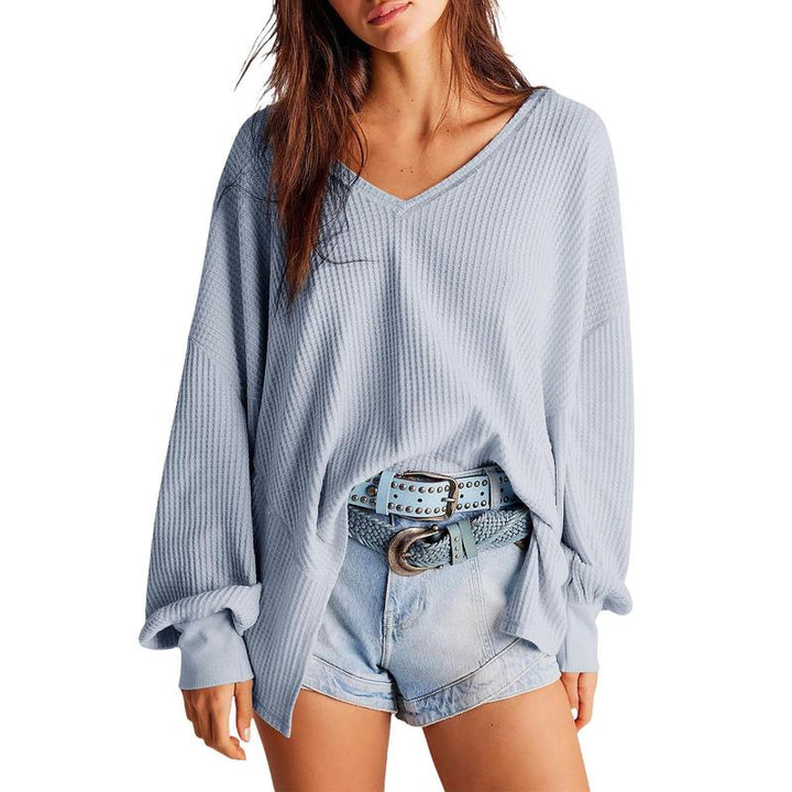 NORA™ - Women Waffle Knit V Neck Oversized Lantern Sleeve Top