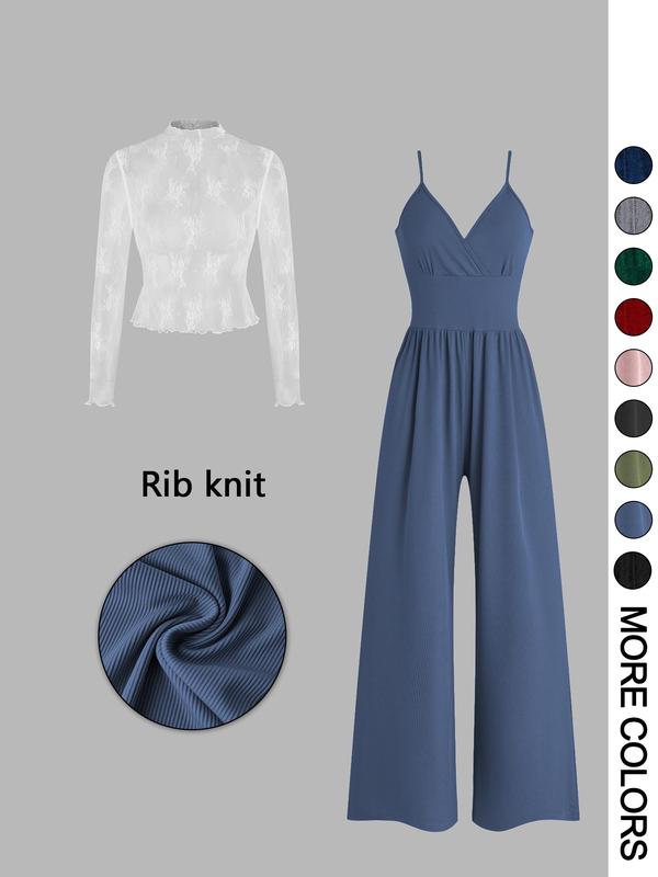 SHAE™ - Women's Solid Color Lace Tee & Pocket Jumpsuit Set