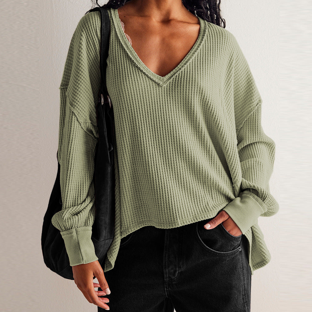 NORA™ - Women Waffle Knit V Neck Oversized Lantern Sleeve Top
