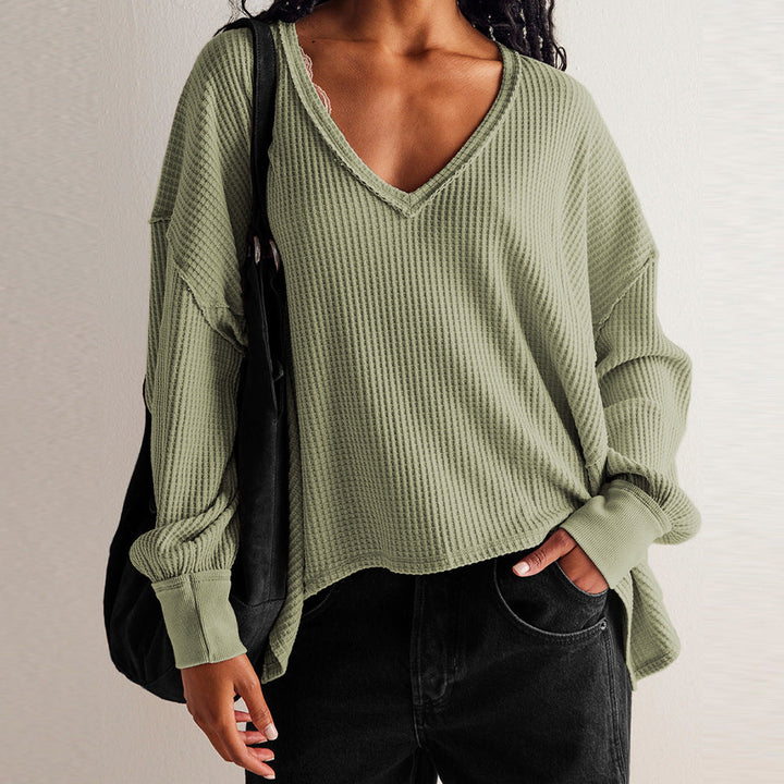 NORA™ - Women Waffle Knit V Neck Oversized Lantern Sleeve Top