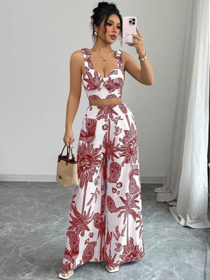 VONY™ – Elegant Boho Printed Crop and Wide Leg Pants Set