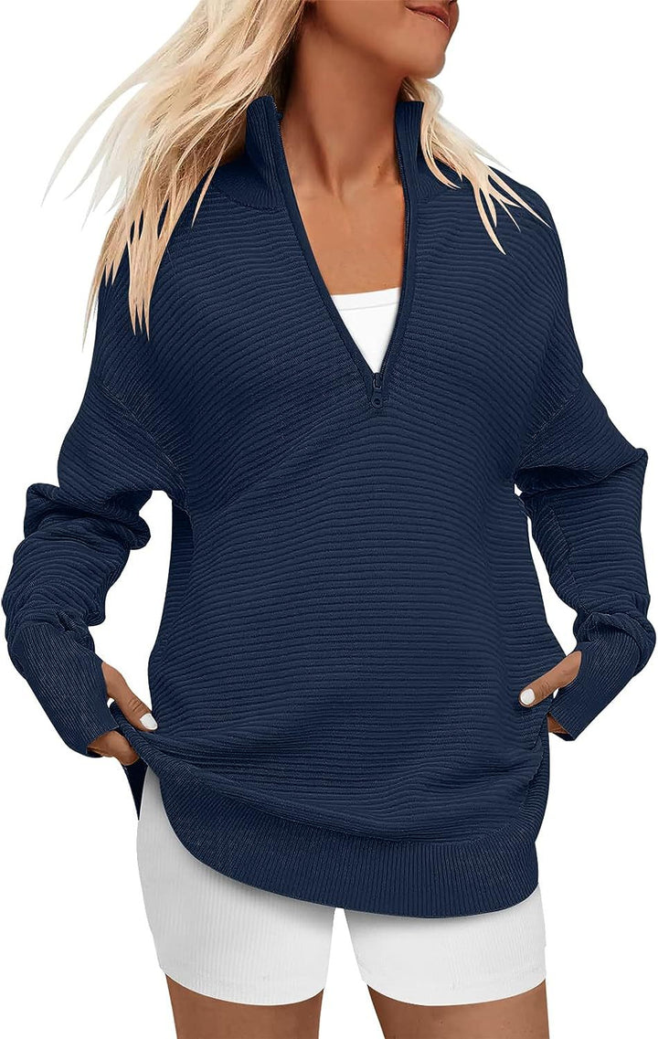 ENNA™ - Women Quarter Zip Rib Knit Pullover Sweater