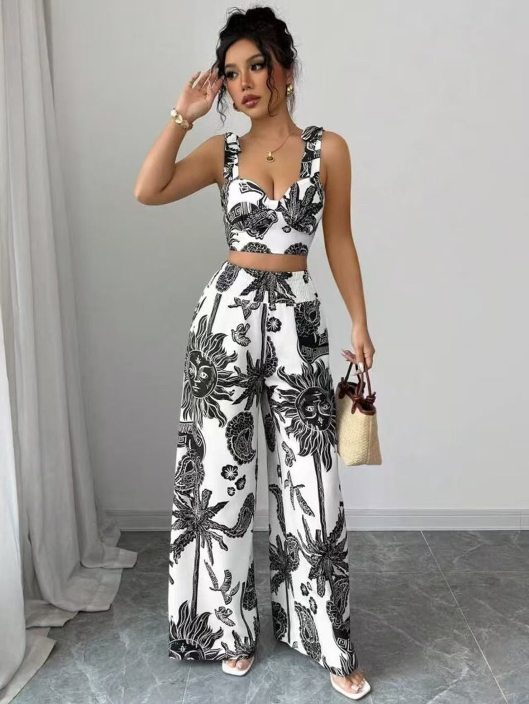 VONY™ – Elegant Boho Printed Crop and Wide Leg Pants Set