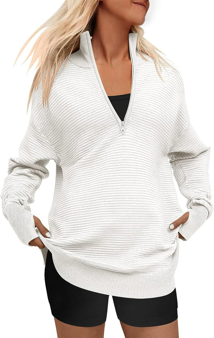 ENNA™ - Women Quarter Zip Rib Knit Pullover Sweater