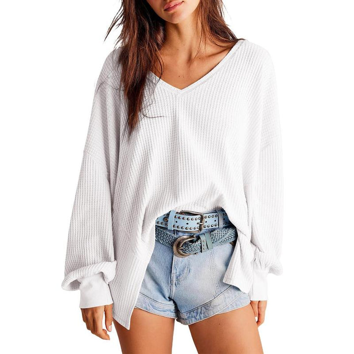 NORA™ - Women Waffle Knit V Neck Oversized Lantern Sleeve Top