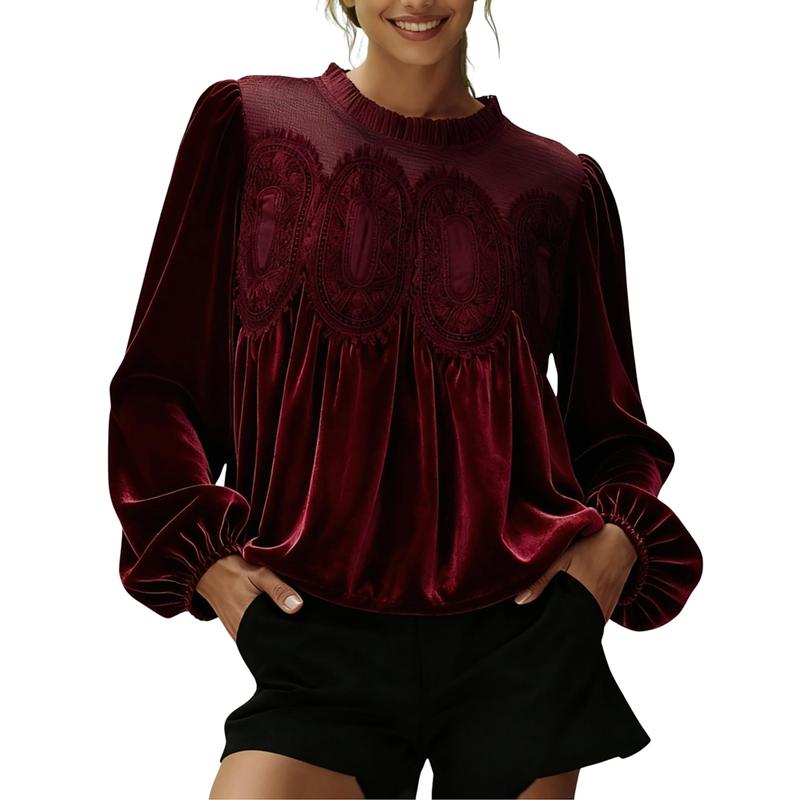 ISABELLA™ - Women Velvet Trim Lace Flared Blouse Top