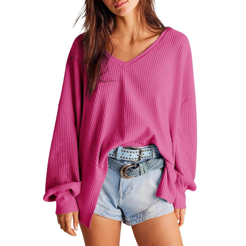 NORA™ - Women Waffle Knit V Neck Oversized Lantern Sleeve Top