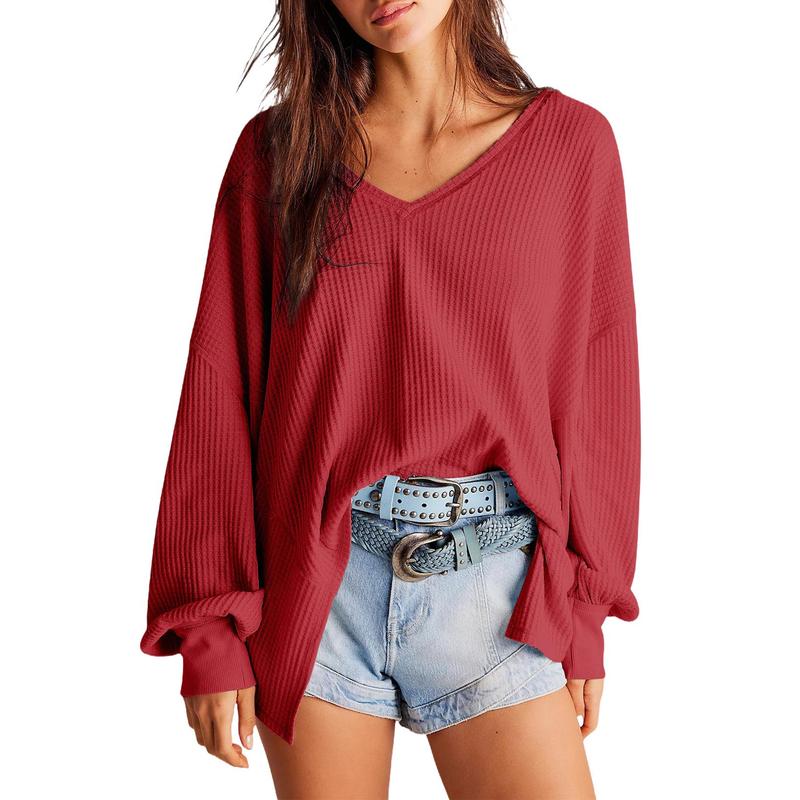 NORA™ - Women Waffle Knit V Neck Oversized Lantern Sleeve Top