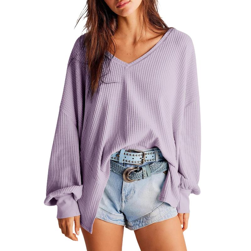 NORA™ - Women Waffle Knit V Neck Oversized Lantern Sleeve Top